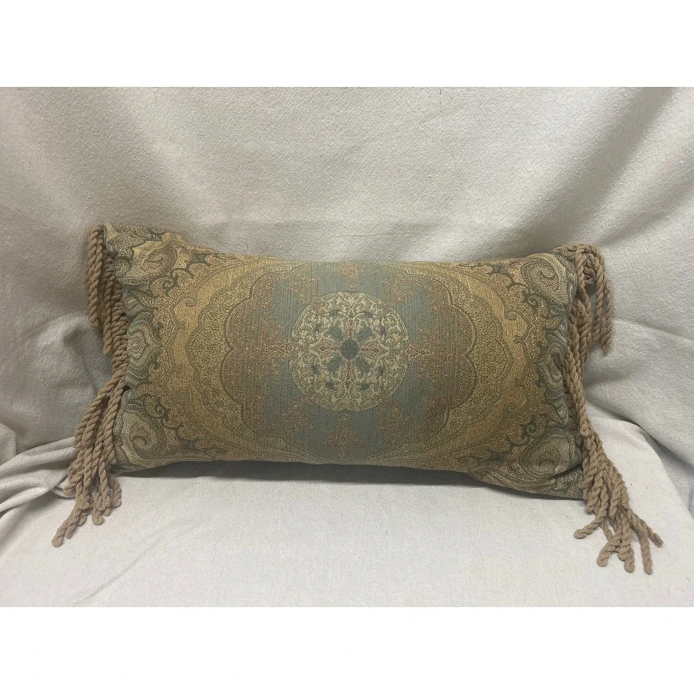 Newport Lumbar Pillow Damask Medallion Sage Gold Tan Rope Fringe Made in USA
